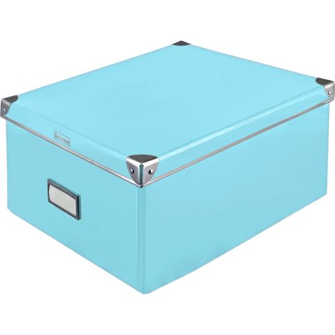 Boîte de rangement en carton solide, couvercle avec bords renforcés en métal, boîte tout usage en turquoise avec champ d'inscription, pour l'ordre à la maison (1/5)