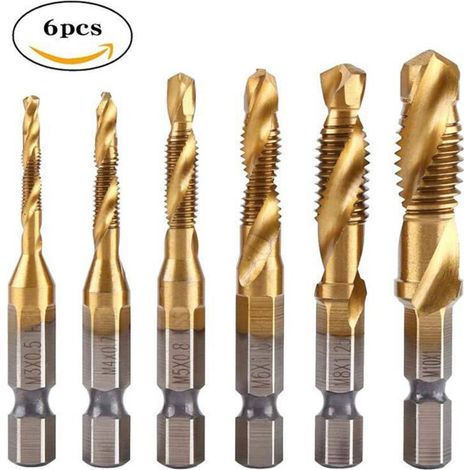 Mèches Fileteuse, Forêt Taraudeur, Forets Combinés et Tarauds, 6 Pièces d'outils de Taraudage à Filetage Tarauds à Vis Ensembles d'outils pour M3, M 4, M5, M6, M8, M10 (1/4)