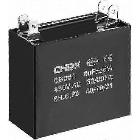 Condensateur pour ventilateur de plafond 8uF 450V AC, film en polypropylène, dimensions 47x23x41mm, compatible avec les moteurs de ventilateur. (1/3)