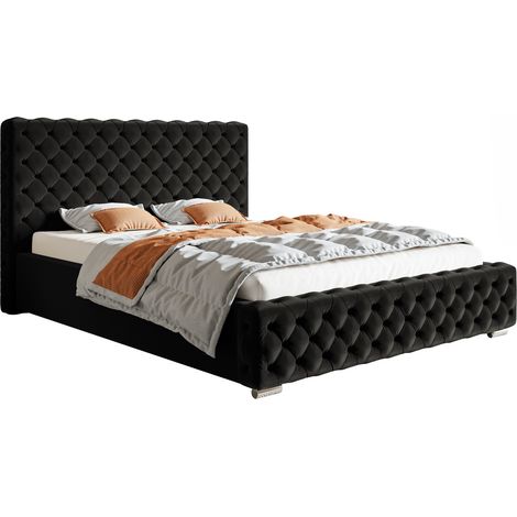 Lit adulte 200x200 Adora - Lit double, Fabricant, Lit rembourré avec sommier à lattes, coffre de lit & tissu velours - Noir (Amor Velvet 4322) + CADRE À LATTES EN MÉTAL