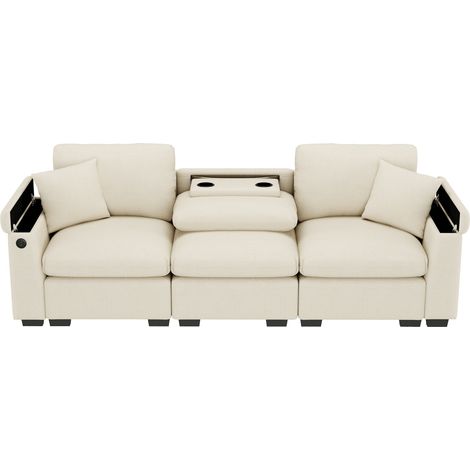 Divano a 3 posti in chenille beige con cuscini, tavolino ribaltabile e porta bicchieri (1/5)