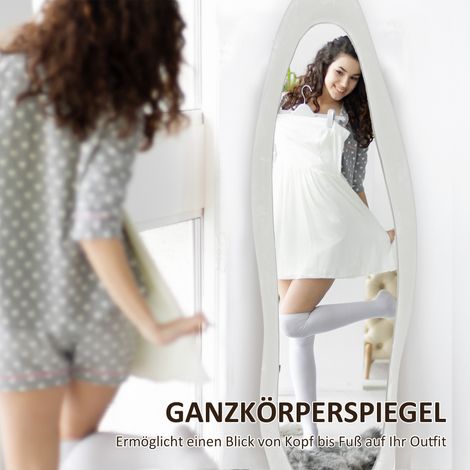 Miroir sur pied ondulé 160x50 cm, cadre velours blanc, miroir debout design pour chambre ou salon