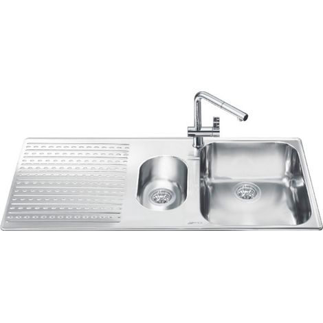 Lavello incasso 2 vasche e gocciolatoio sinistro 100x50 Smeg LTS102S2 inox spazzolato (1/2)