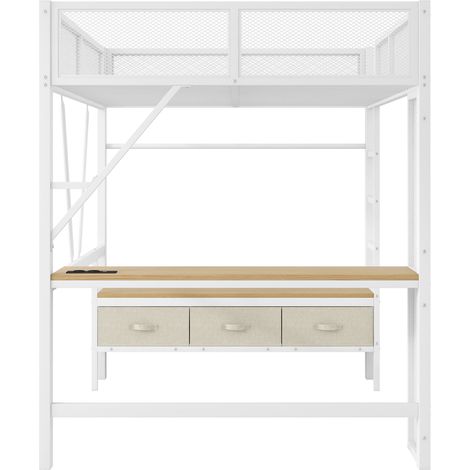 Hochbett 140 x 200 cm aus Metall weiß mit USB, LED, Schreibtisch, offenem Schrank und 3 Schubladen (1/5)