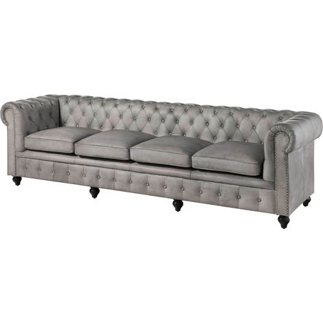 Massivmoebel24 – Canapé Chesterfield 4 places en cuir véritable gris – Capitonnage losange – Rivets dorés – Pieds en bois arrondis