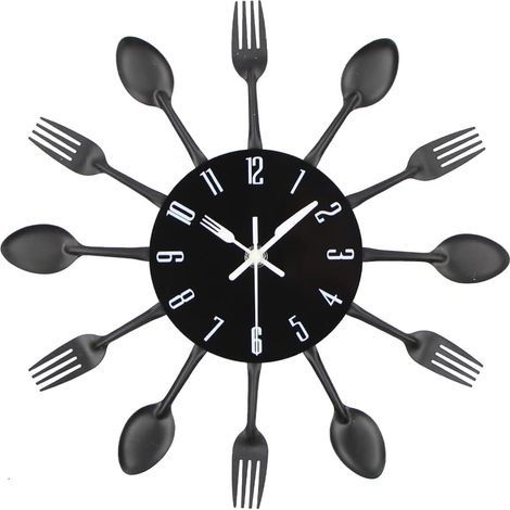Horloge murale de cuisine, 3D amovible, moderne et créatif, couverts de cuisine, cuillère, fourchette, horloge murale, miroir, autocollant mural, décoration de la maison (noir) (1/4)
