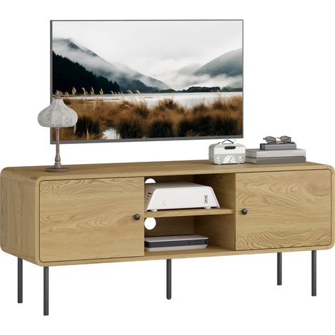 Mobile TV, supporto per TV fino a 55 pollici con 2 ante, 2 vani a giorno, gambe in acciaio, 120x40x50 cm, rovere