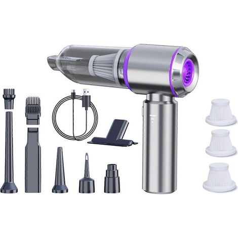 Aspirateur de voiture 16000 Pa 4 en 1 sans fil, mini aspirateur portable puissant, batterie rechargeable USB 6000 mAh, filtre inclus, argent-violet