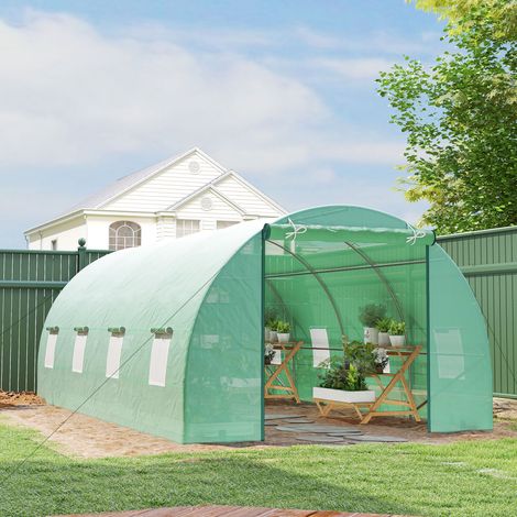 Serre tunnel de jardin en métal vert, arceaux solides pour abri de culture extérieur