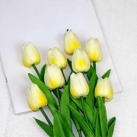 bouquet de tulipes artificielles de 34 cm en PU, aspect réaliste, idéal pour Noël, Halloween, un mariage ou une fête. Fleurs artificielles.jaune clair (1/5)