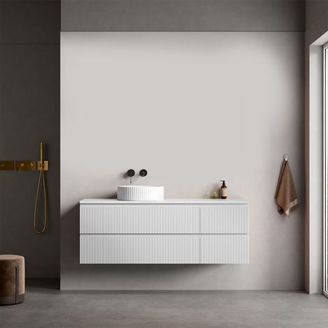 Mobile bagno sospeso cannettato reversibile 140 cm Bianco Opaco per Lavabo d'appoggio Senza Specchio - Fiji Paint Top Canneté (1/4)