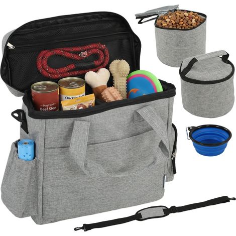Sac de transport pour chien avec poches, 2 pochettes à friandises, gamelle pliable, séparateur ajustable, 38 x 17 x 35 cm, gris clair