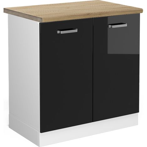 Armario bajo para fregadero R-Line, Negro brillo intenso, 80 cm , ET Roble, Vicco