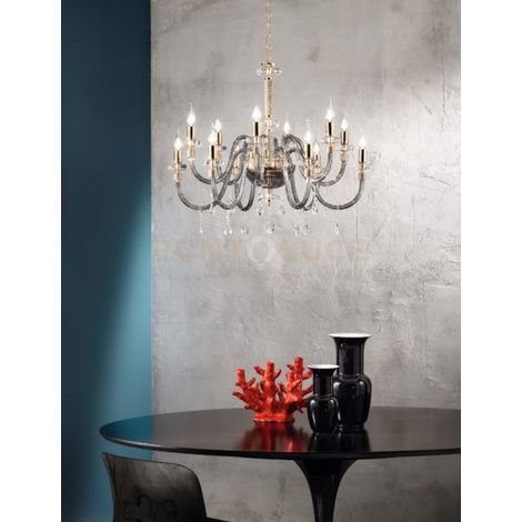 LAMPADARIO DIDO 12 LUCI FUME' E ORO ATTACCO E14 D.83CM