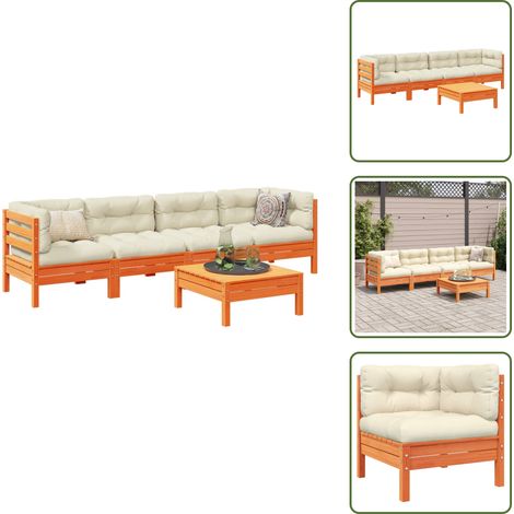 5-tlg. Garten-Sofagarnitur mit Kissen Wachsbraun Kiefernholz - Gartengestell - Gartenlounge - Kiefernholz Möbel - Gartenmöbelset - Esszimmergarnitur