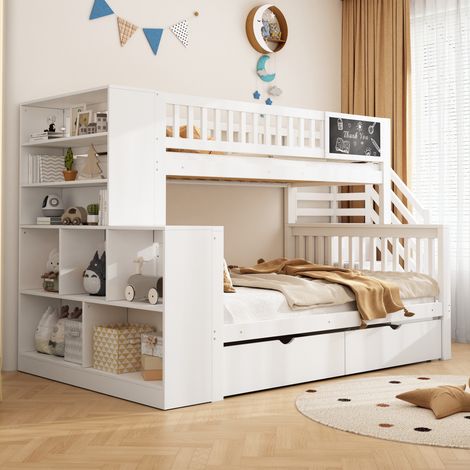 Letto a castello in legno massello bianco 90x200 e 140x200 cm con lavagna, scale contenitore e cassetti