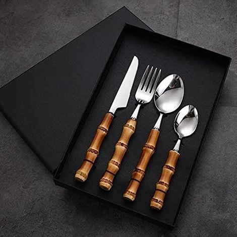 Ménagère - Ensemble de couverts en acier inoxydable avec manche en bambou et cuillère à dessert Doré (1/4)