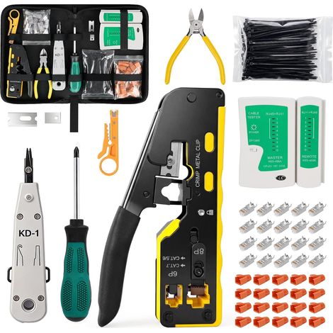RJ45 Network Tool Kit with 20pcs RJ45 Cat7/Cat6a Connectors Network Tester, LSA Connection Tool, Wire Stripper, 100pcs Nylon Cable Ties, RJ45 Repair Tools (1/5)