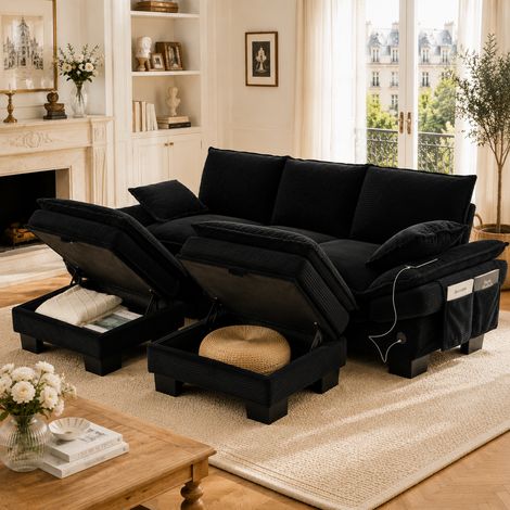 Canapé modulable 3 places velours côtelé 2 poufs assise large ergonomique mousse haute densité USB-C poches latérales salon bureau noir (1/5)