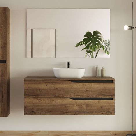 Meuble de salle de bain 120cm avec plateau et vasque à poser zeus - 2 tiroirs - tabaco (chêne foncé) - LUNA (1/5)