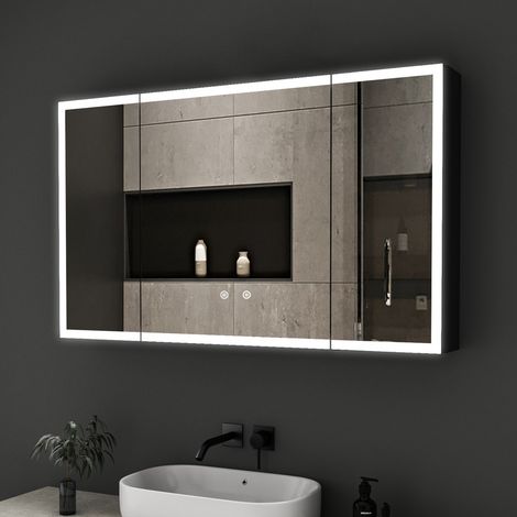 90x60cm Spiegelschrank Bad mit Beleuchtung LED Spiegelschrank mit Beleuchtung Badspiegel Schwarz mit Beleuchtung Medizin Kabinett Hängeschränke mit 3 Einstellbare Lichtfarben, Beschlagfrei, Schwarz