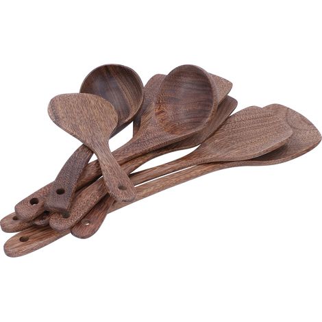 Ensemble de 8 ustensiles de cuisine en bois : spatule, pelle, cuillères, ustensiles pour mélanger, remuer et servir (1/5)