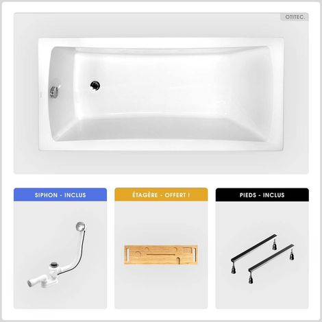 Baignoire rectangulaire - 140 x 70 cm - sans Habillage - avec Pieds - Étagère bambou - Vidage Chrome - OPTIMA (1/5)