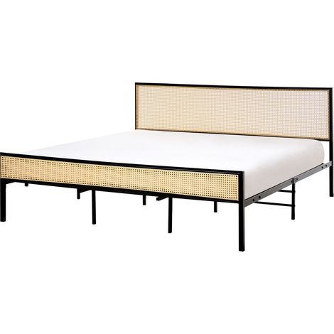 Letto matrimoniale imbottito in tessuto nero con rete a doghe e gambe in legno 180 x 200 cm Fitou