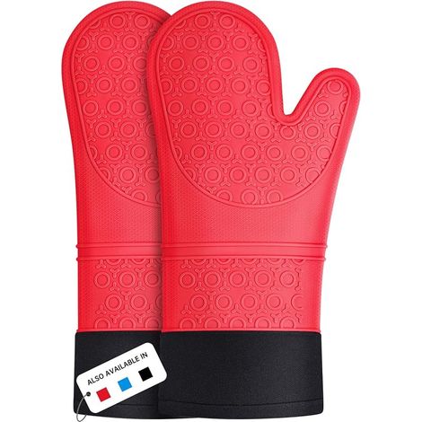Gants de Four Résistant à la Chaleur Silicone Gants de Four Extra Long Antidérapant Mitaines de Four (Rouge, 1 Paire) (1/5)