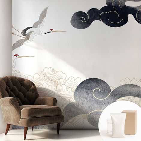 Papier peint intissé mural avec imprimé motifs uniques apparence moderne - Colle incluse gratuite Grues en vol 250x250 cm (1/5)