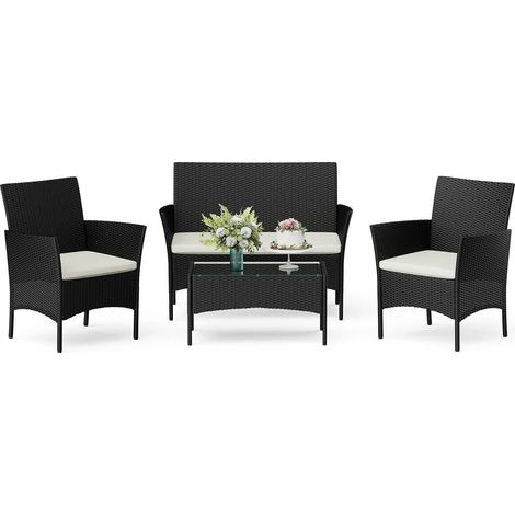 Garden furniture set  Wicker-look resin  4 people  with 2 armchairs, 1 sofa and 1 table  Black (1/5)