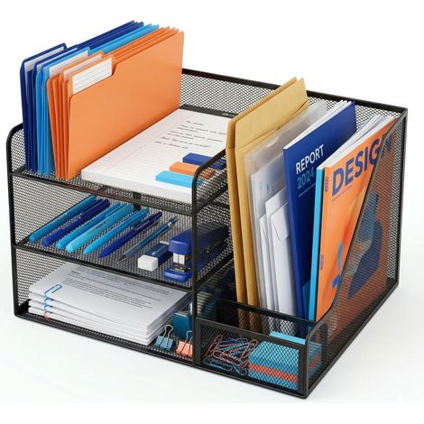 Organizador de escritorio Relaxdays, 5 bandejas, soporte vertical para carpetas, 23,5 x 37 x 30,5 cm, acero, negro