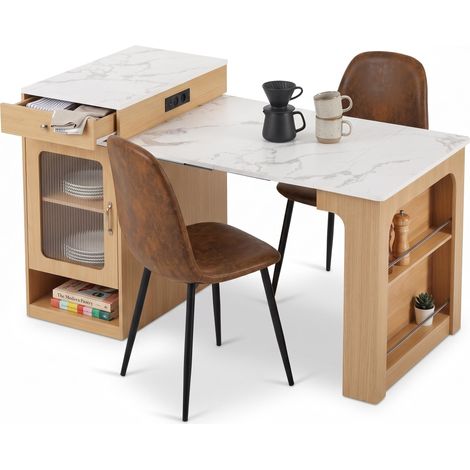FurnitureR MDF Essgruppe 3-teilig mit Ausziehtisch und 2 Stühlen 3-teiliges Set mit MDF-Ausziehtisch, Stauraum, Steckdosenmodul und 2 braunen Stühlen (1/5)