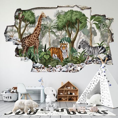Stickers Trompe l'oeil trou dans le mur - Forêt Tropicale Animaux - 20 x 32 cm (1/3)