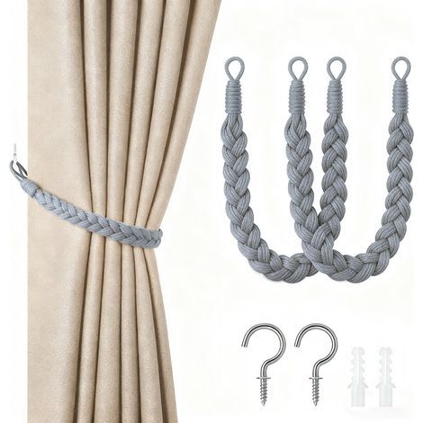 Lot de 2 embrasses pour rideaux en cordon de 60 cm avec crochets - Embouts tissés gris (1/5)