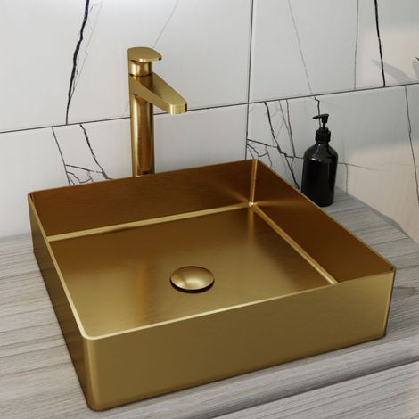RAK Ingot Square Countertop Wash Basin 400mm Wide - Brushed Gold (1/3)