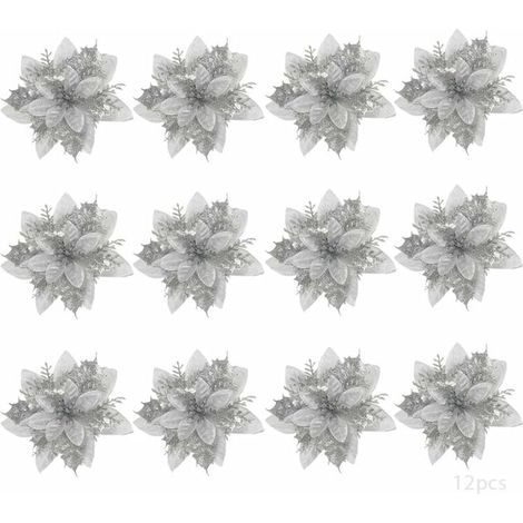 Lot de 12 fleurs artificielles de Noël (argentées), poinsettias, décorations pour sapin de Noël-AquaForge (1/5)