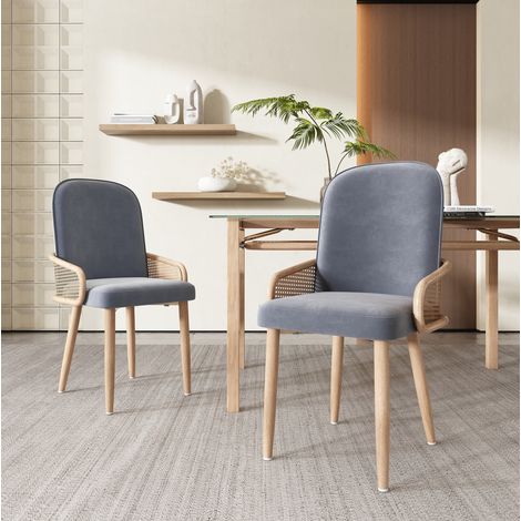 Esszimmerstuhl aus Samt, 2er-Set, Rattan-Design, Wohnzimmer, Schlafzimmer, Mit vier Metallbeinen (Holzmaserungseffekt), Grau (1/5)