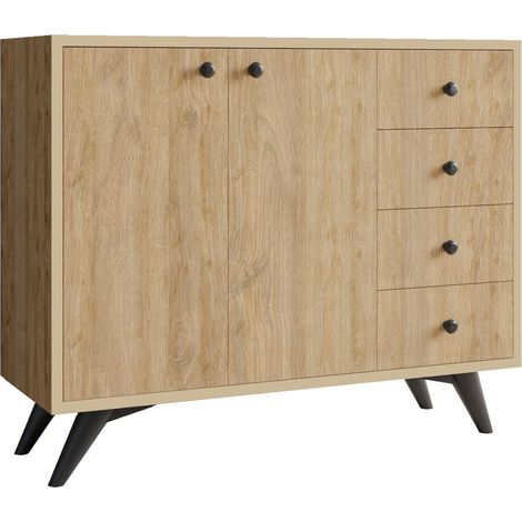 Commode 2 portes 4 tiroirs chêne clair 100cm (1/4)