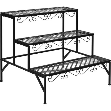 Porte-plantes métallique 3 étages noir, structure en acier revêtu poudre, étagère escalier pour balcon, terrasse, salon et jardin, résistant à la rouille (1/5)
