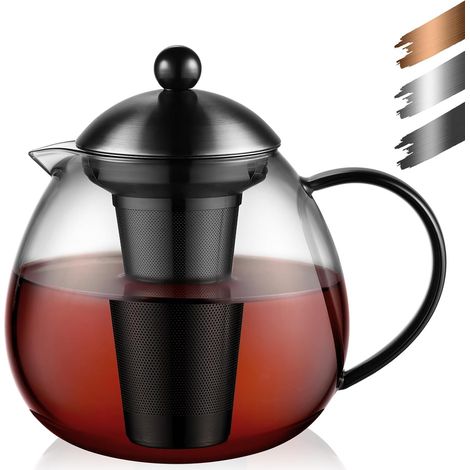 Théière en verre noir 1500 ml avec passoire à thé en acier inoxydable 18/8 borosilicate - Convient pour chauffe-thé