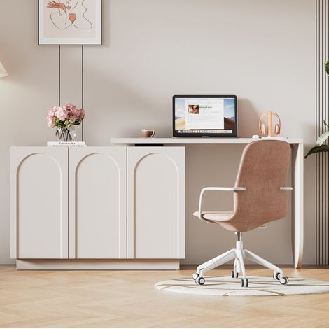 Bureau d'angle en L pivotant 360°, avec meuble de rangement, 110 x 40 x 75 cm, blanc HAVRYA (1/5)