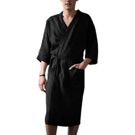 Peignoir pour homme à manches 3/4 en coton et lin, vêtement de nuit, robe de chambre (1/3)