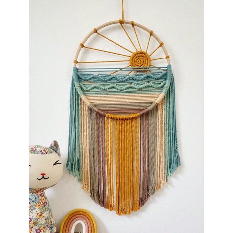1 pièce Décoration Murale en Macramé Paysage de Plage Coloré Tissé à la Main Bordure Florale Anneau en Bambou avec Franges Toile de Fond Attrape-Rêves Tapisserie Murale (1/4)