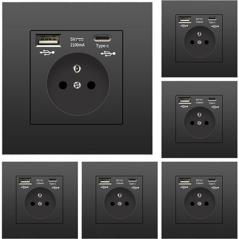 Lot de 6 prises murales avec USB et Type-C, 5 V 2,1 A, prise USB encastrée standard UE, multiprise française, 110-250 V (noir) (1/5)