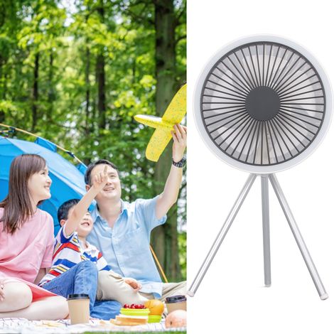 Ventilateur trépied sans fil pour le camping, peut être accroché à une tente, ventilateur portable rechargeable par USB, petite lampe de bureau, minuterie à trois vitesses, blanc. (1/5)