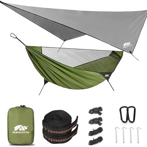 Outdoor-Hängematte mit Moskitonetz, Regenschutz, maximale Belastung: 350 kg, 290 x 155 cm, aus 210T Fallschirmseide, mit Aluminiumheringen, Seilen und Baumgurten