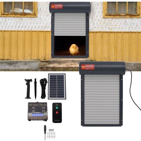 Porte automatique de poulailler à énergie solaireMinuterie programmableCapteur de lumièreTélécommande inclusePour poules et canards (1/5)