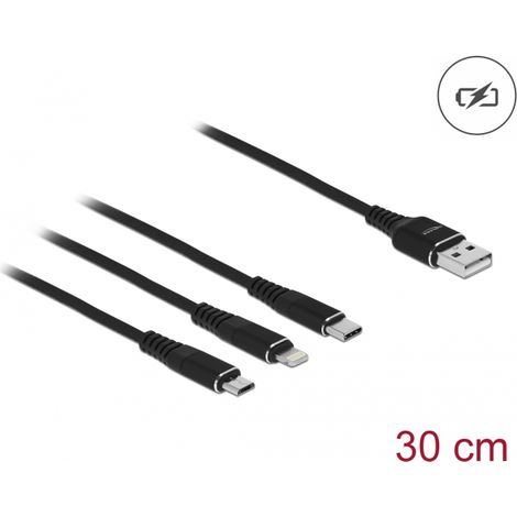 Delock Cable de carga USB 3 en 1 para Lightningâ¢ / Micro USB / USB Type-Câ¢ 30 cm negro