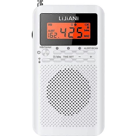 Radio FM portable LIJIANI Mini avec antenne, récepteur FM/AM/WB à trois bandes et alarme météo pour le camping (blanc). (1/5)
